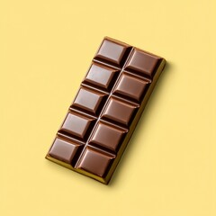 Obraz premium A dark brown chocolate bar rests on a pale yellow background. The chocolate is divided into rectangular sections, creating a visually appealing pattern. The image is simple, clean and straightforward.