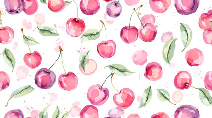 Seamless pattern of watercolor red cherries on white background