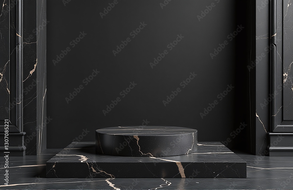 Poster a luxurious black stone product display pedestal stand sits on a dark marble platform with a 3d text