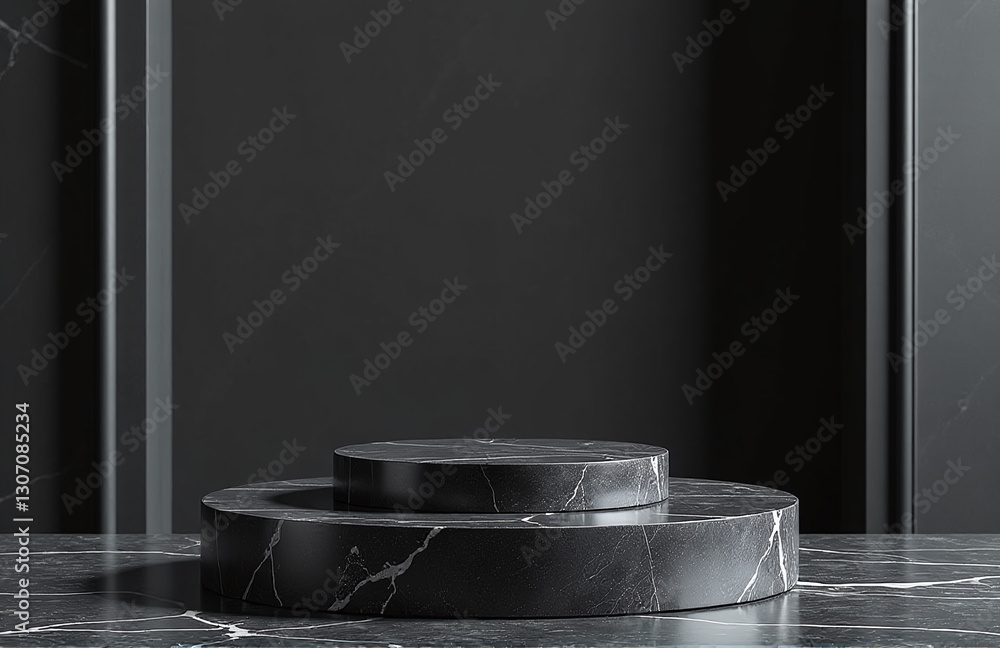 Aufkleber a luxurious black stone product display pedestal stand sits on a dark marble platform with a 3d text