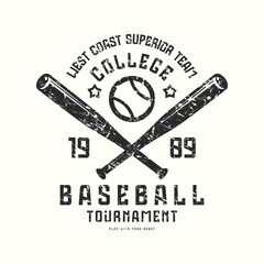 Baseball college tournament typographic emblem with rough texture. Graphic design for t-shirt. Black print on white background