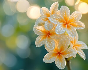 Dew-kissed pale orange Plumeria blossoms.