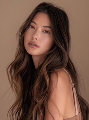 Naklejka premium Beautiful woman with long, brown hair that is shiny and glossy, styled in loose waves that fall to her mid-back. She has soft features with subtle makeup highlighting the natural color of her skin