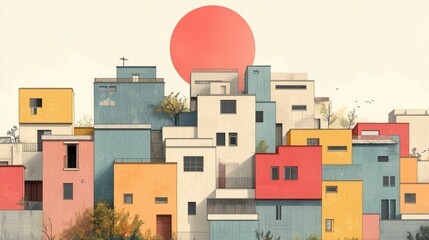 Colorful cityscape illustration with a large red sun.