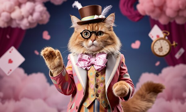 A quirky and eccentric cat dressed in an outlandish outfit exuding a mix of whimsy and sophistication