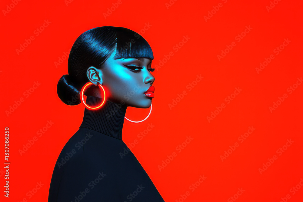 Aufkleber bold editorial style capturing a fierce, empowered expression with intense neon outlines and a