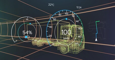 Digital dashboard animation showing truck speed, battery level, and temperature data - Powered by Adobe