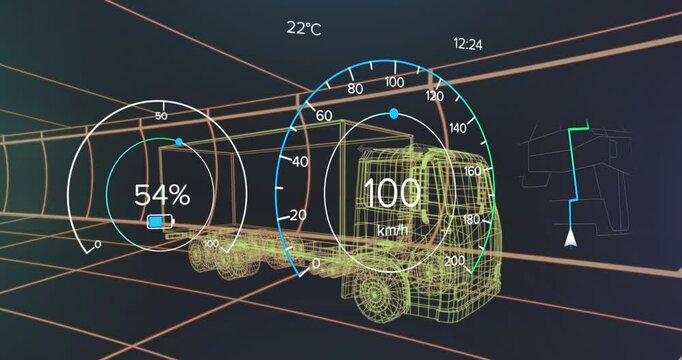 Digital dashboard animation showing truck speed, battery level, and temperature data