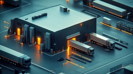 Modern warehouse with trucks loading and unloading goods.