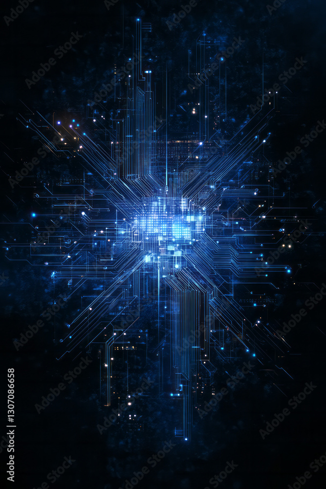 Poster futuristic digital collage featuring sleek, holographic interfaces and dynamic circuit patterns