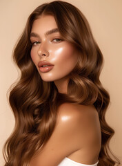 Naklejka premium Beautiful woman with long, brown hair that is shiny and glossy, styled in loose waves that fall to her mid-back. She has soft features with subtle makeup highlighting the natural color of her skin