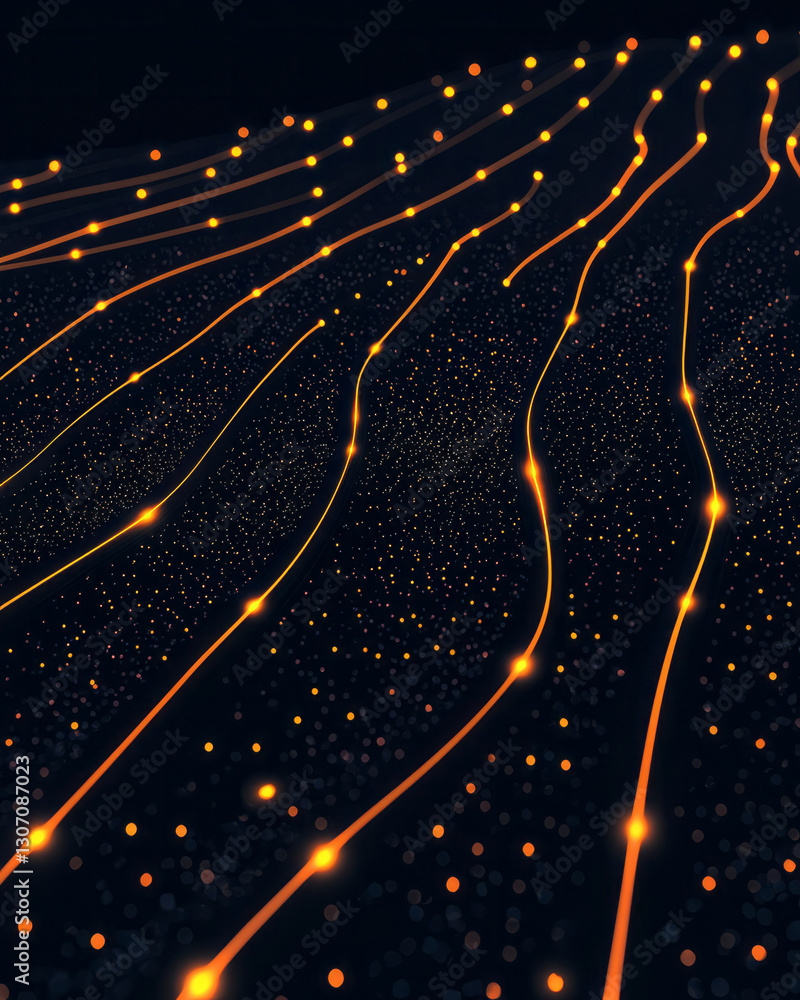 Poster energetic composition featuring a network of luminous nodes and digital grids radiating outwards,