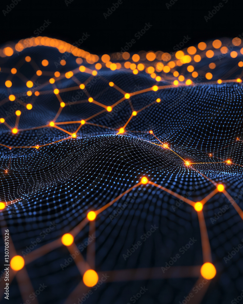 Poster energetic composition featuring a network of luminous nodes and digital grids radiating outwards,