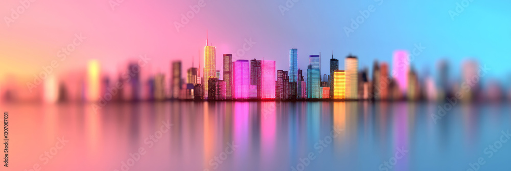 Poster a futuristic digital cityscape transforming with dynamic holographic overlays and neon data streams