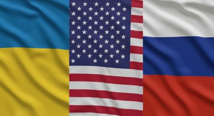 Fototapeta premium Ukraine, US, and Russia flags side by side.