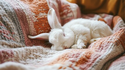 Pet Care & Bonding White rabbit sleeping on a cozy blanket.