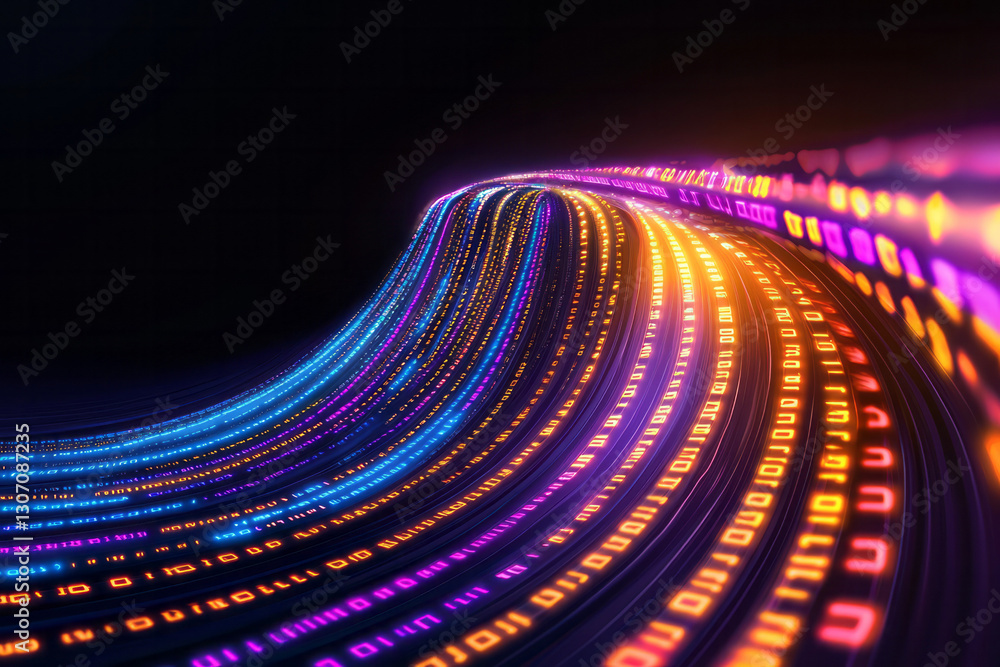 Poster a conceptual artwork depicting a vibrant wave of digital transformation, with cascading binary code