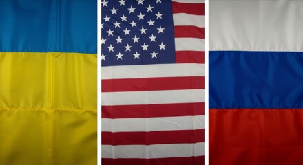 Ukraine, US, and Russia flags side by side.