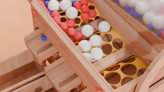 Ball sorting machine. Ball grading machine. Rolling ball digital art. Marble run 3d animation