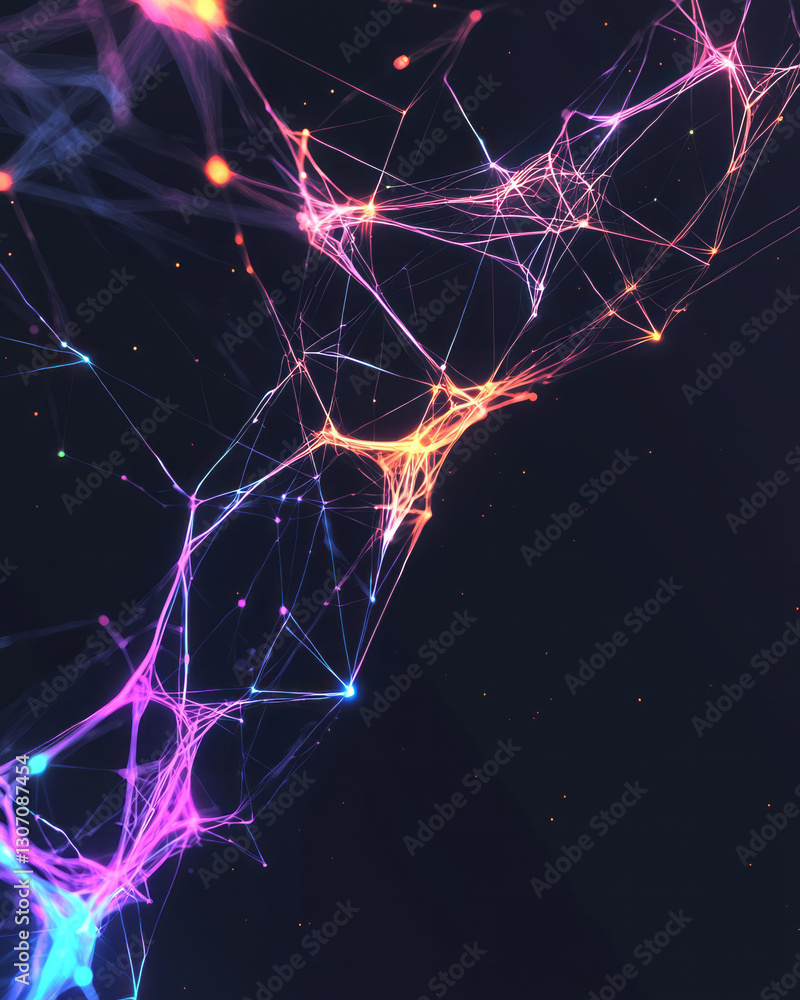 Poster surreal network of luminous, interconnected smart devices arranged in a geometric pattern, blending