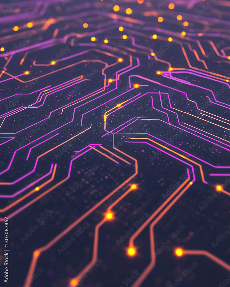 Poster surreal network of luminous, interconnected smart devices arranged in a geometric pattern, blending