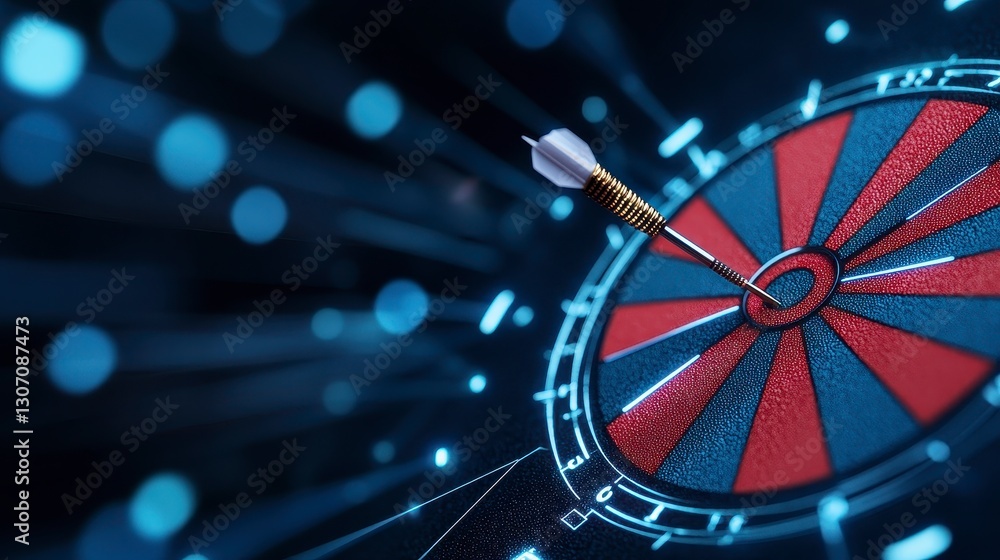 Aufkleber a dart hits the bullseye of a digital dartboard. the dartboard is red and black with a dark blue bac