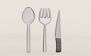 3d illustration. Fork, spoon and knife . Restaurant icon.
