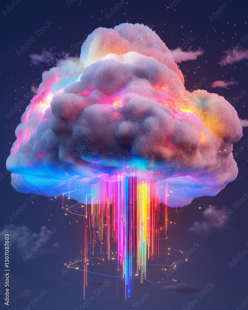 Poster a sleek abstract visualization of the cloud computing revolution, where dynamic holographic servers