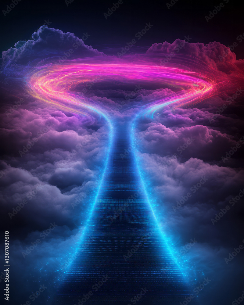 Poster a sleek abstract visualization of the cloud computing revolution, where dynamic holographic servers