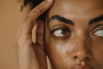 Obraz premium Close-up portrait of a beautiful woman touching her eyebrows with her finger, isolated on a beige background, with space for a concept for a beauty or cosmetic advertisement