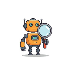 Orange Cartoon Robot Holding a Magnifying Glass on a White Background
