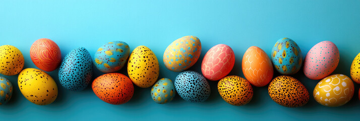 Fototapeta premium Brightly colored Easter eggs in various patterns are artistically arranged against a striking blue background. Soft branches add a touch of nature, enhancing the festive mood