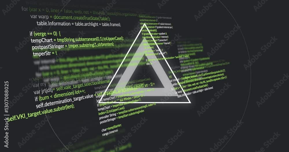 Poster animation of glowing triangle with green programming code in dark school setting