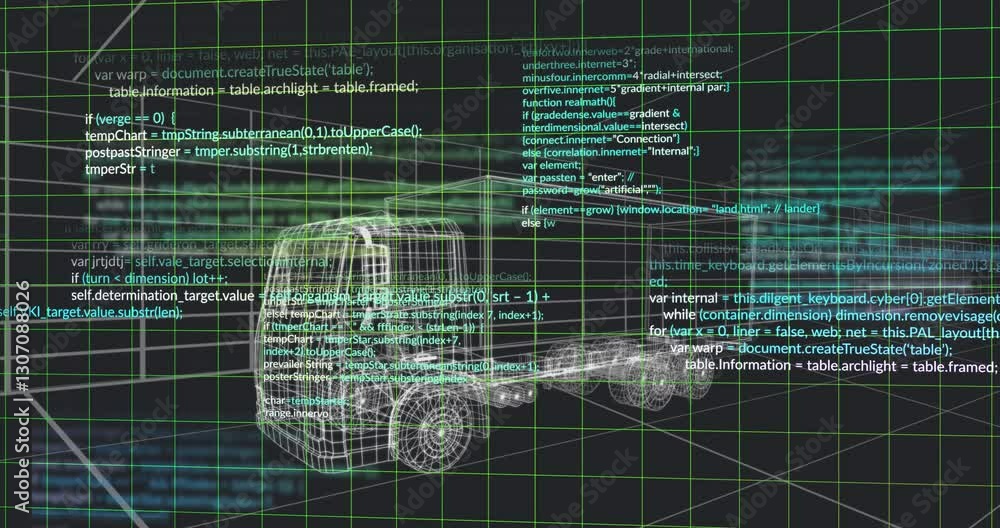 Poster truck wireframe with programming code overlay on digital grid background animation