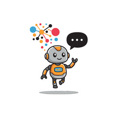Cute Robot Illustration with Speech Bubble and Network Elements