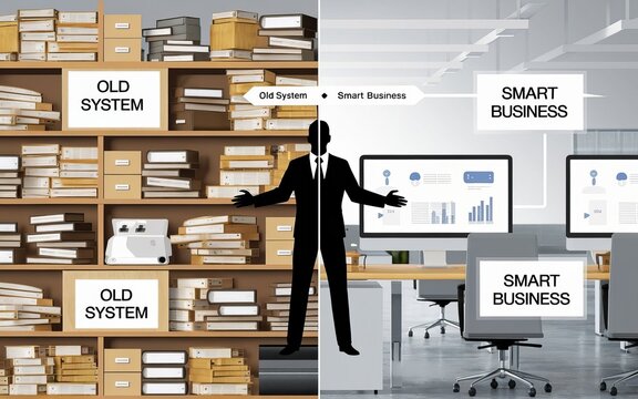 Transition to Digital: A conceptual image illustrating the evolution from an outdated paper-based system to a modern digital office.