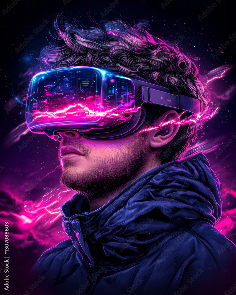 Poster surreal abstract illustration of a person immersed in an augmented reality experience, with