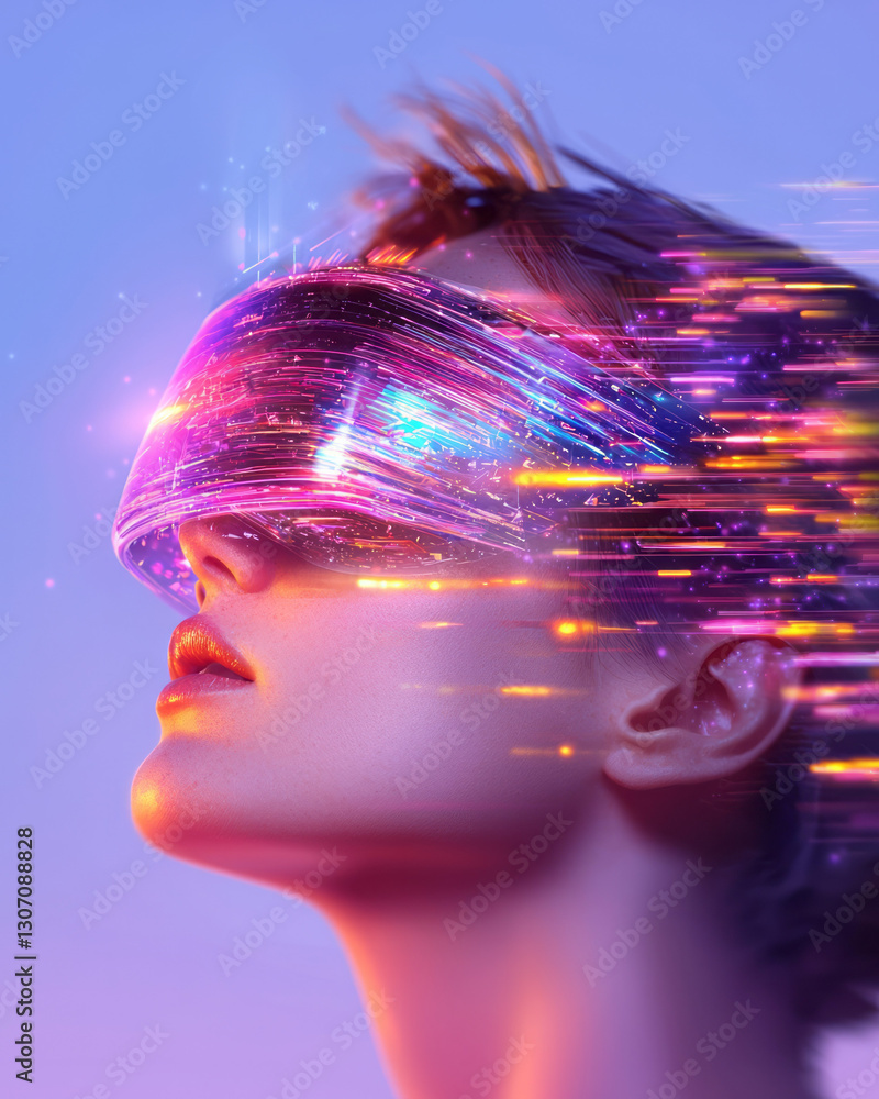 Poster surreal abstract illustration of a person immersed in an augmented reality experience, with