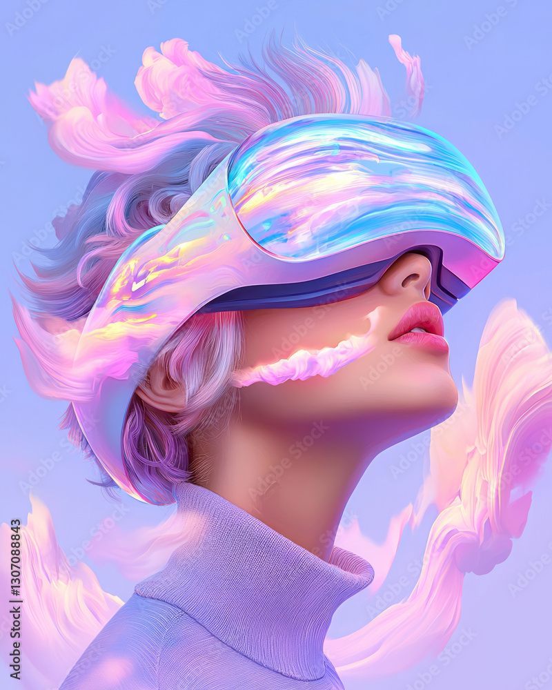 Poster surreal abstract illustration of a person immersed in an augmented reality experience, with