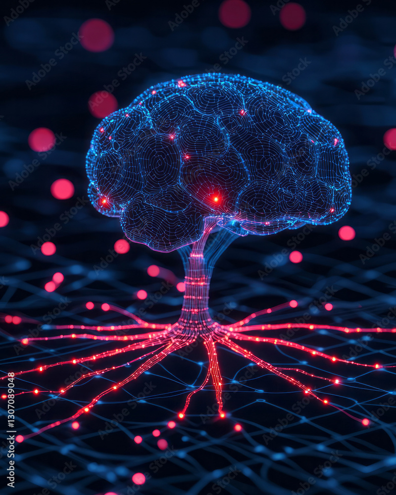 Fototapete A futuristic schematic of machine learning algorithms, featuring layered digital code, holographic