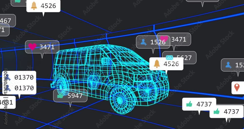 Poster car wireframe with animation of social media notifications and location icons