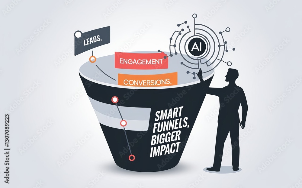 Poster ai-powered funnel strategy: an illustrative image shows a funnel diagram, enhanced with ai and targe