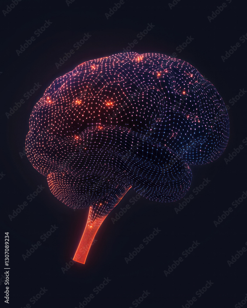 Poster Conceptual illustration of a digital brain formed by thousands of tiny data points and pulsating