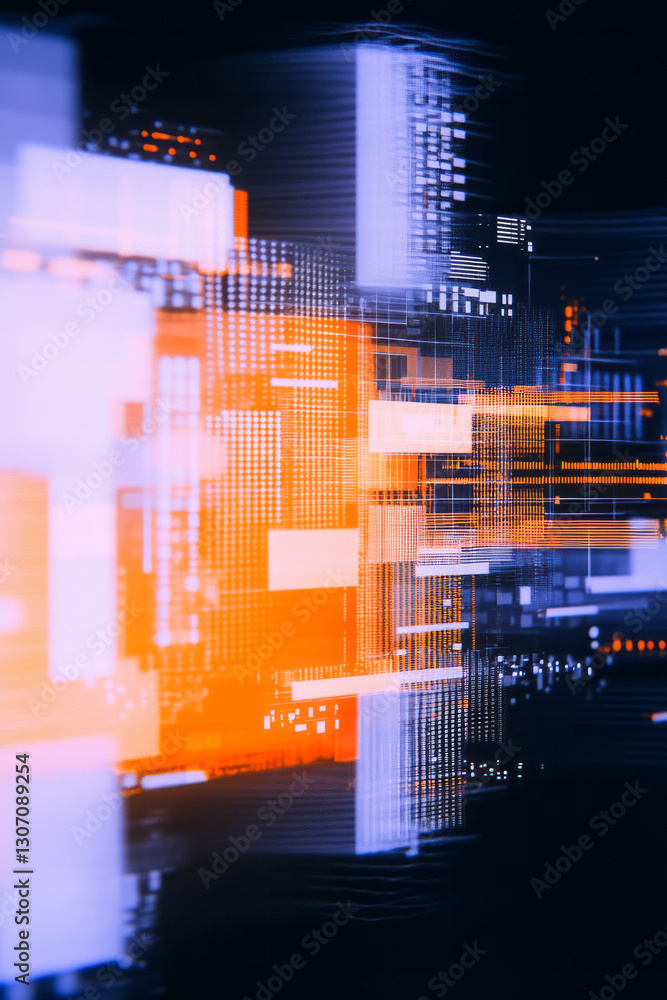 Aufkleber dynamic mosaic of layered charts, graphs, and abstract digital elements, rendered in vibrant neon