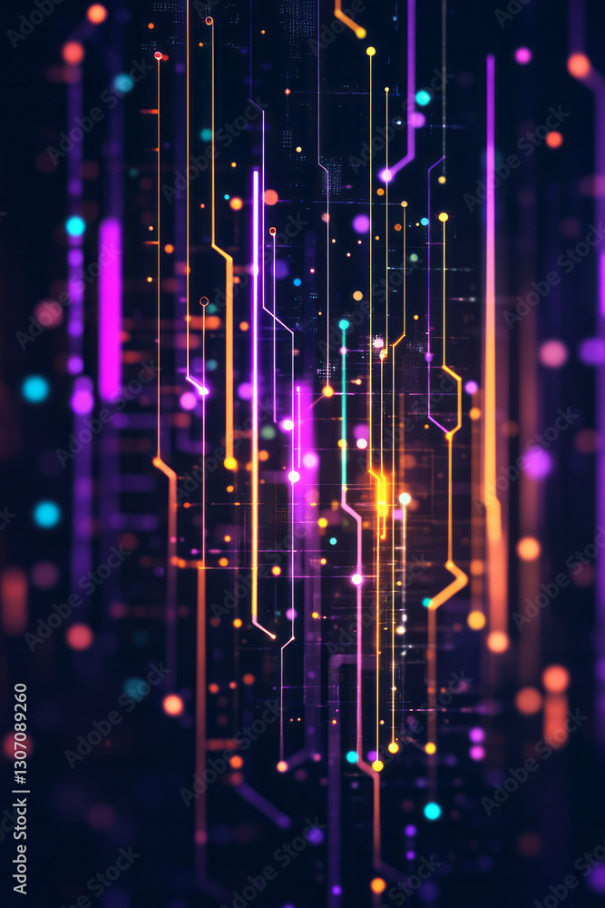 Aufkleber dynamic mosaic of layered charts, graphs, and abstract digital elements, rendered in vibrant neon