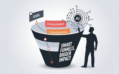 AI-Powered Funnel Strategy: An illustrative image shows a funnel diagram, enhanced with AI and targeting conversions, leads and engagement, symbolizing a data-driven approach.