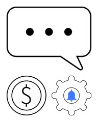 Speech bubble, dollar sign coin, and cogwheel with notification bell highlight themes of communication, finance, notifications, and operations. Ideal for apps, business, messaging workflow fintech