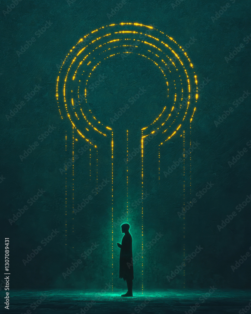 Poster Surreal scene where interlocking geometric patterns and glowing metallic lines form a regal aura