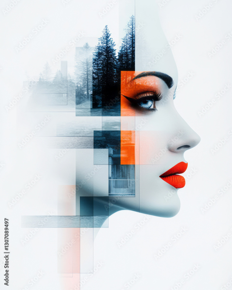Poster Ethereal portrait where a confident expression is merged with translucent overlays of abstract