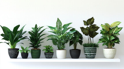 Fototapeta premium Green plants planted in flowerpots by the wall